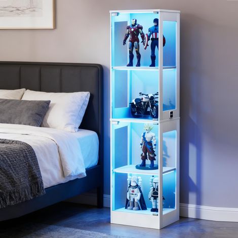Vetrina in vetro a 4 ripiani con illuminazione LED, ante in vetro, sensori intelligenti e pratico vano contenitore per soggiorno, camera e ufficio, bianca
