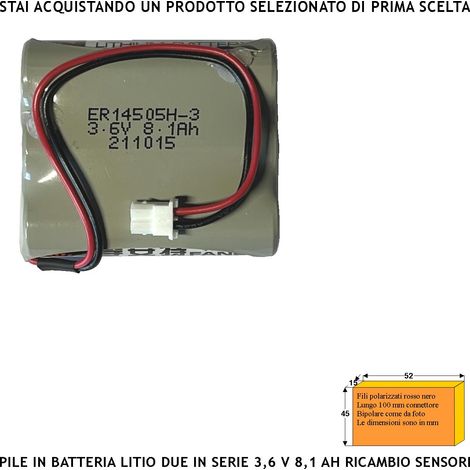 Batteria Uscita 3,6 V 8,1 Ah Pacco 3 Pile litio ER14505H Non Ricaricabili Connettore Polarizzato Ricambio Sirena Sensore Securvera Altri Dimensioni H45XL52S15 mm Pronta all'Uso Direttiva ISO 9001 (1/2)