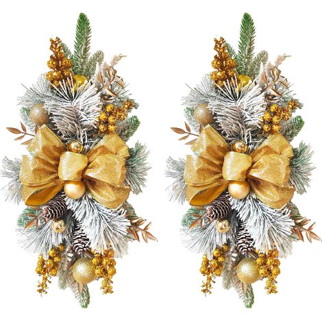 Couronne de Noël dorée de 2 pièces (55 cm) pour escalier, ornée de baies, pommes de pin, nœud papillon et guirlandes en forme de larme. (1/3)