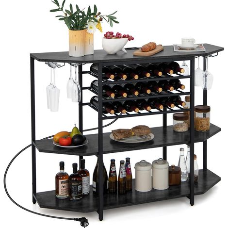 COSTWAY Gabinete para Barra de Vinos, Estante Industrial para Vinos de 3 Niveles con Estación de Carga Integrada, Soportes para Vasos, Botelleros, Tomas de Corriente, para Hogar y Bar, Gris (1/5)