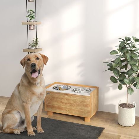 Gamelle surélevée pour chien avec distributeur de croquettes amovible, gamelle d'eau et gamelle de nourriture en acier inoxydable, finition chêne (1/5)