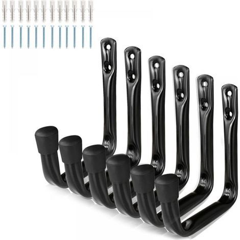 Lot de 6 crochets de rangement robustes pour échelle de garage - Fixation murale - Convient pour vélos, échelles, chaises pliantes et objets encombrants - Noir (1/4)