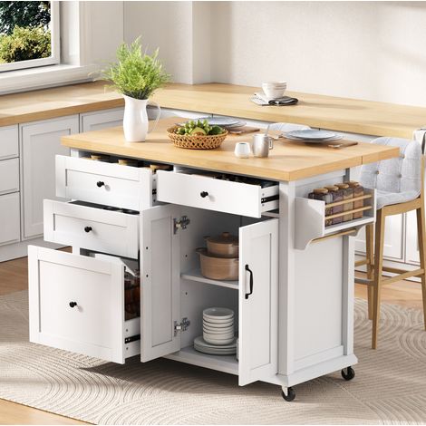 Meuble de cuisine mobile avec roulettes et plan de travail extensible, MDF blanc et naturel DESVIAE (1/5)