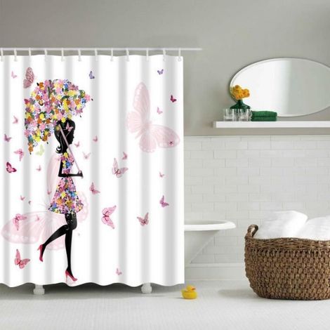 180x180cm Polyester Rideau Douche Étanche Rose +12 Crochet Pour Décor Salle de Bain TYPE 3