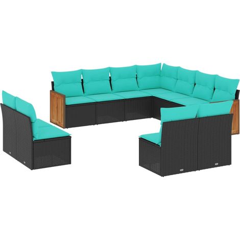 Salon de jardin 11 pcs Mobilier de jardin avec coussins noir résine tressée (1/5)
