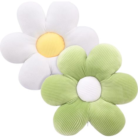 Lot de 2 coussins de sol fleuris, coussin d'assise en forme de pétale de 40 cm, coussin doux et moelleux, style tatami en peluche pour voiture et maison (vert et blanc)