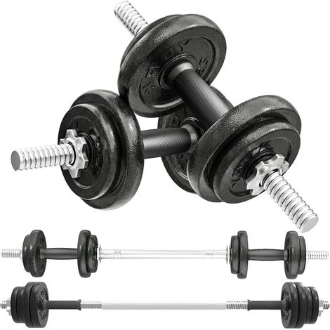 Ensemble d'haltères 2-en-1 20kg poids réglable kit haltères musculation barre d'extension poignée antidérapante noir