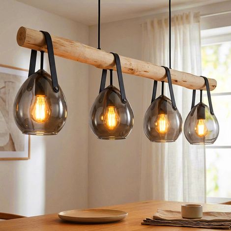 Pendellampe Esstischleuchte 4 flammig Holzlampe Wohnzimmerleuchte Hängelampe, Rauchglas, 4x E27, LxH 100 x 117 cm (1/5)