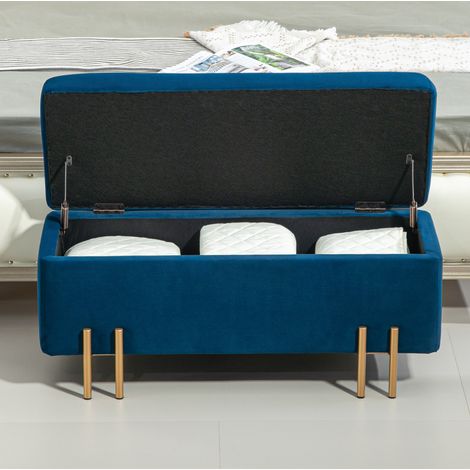 Panca contenitore 100 x 40 x 42 cm in tessuto blu, gambe in metallo DESVIAE (1/5)