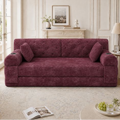 Sofá cama de 2 plazas (168x80x81 cm), convertible en cama, respaldo alto, con 4 bolsillos y 2 portavasos, pana vino tinto (1/5)