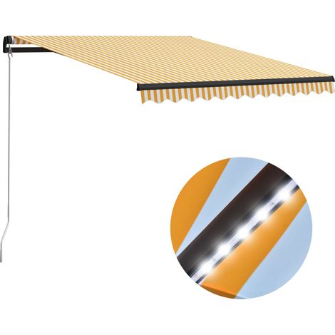 Auvent manuel Store Banne Solaire abri Marquise Brise-soleil rétractable avec LED 300x250 cm Jaune et blanc LKOWF44164 (1/5)
