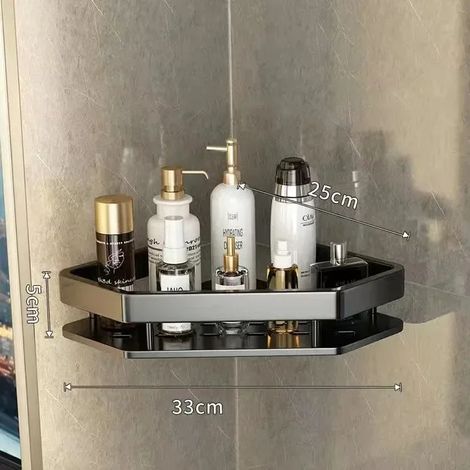 (Noir, 1 couche) Étagère de rangement de salle de bain en aluminium en forme de losange pour lavabo et WC, fixation murale d'angle, sans perçage. (1/5)