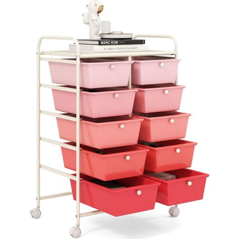 COSTWAY Carrello a 10 Cassetti con Ruote, Carrello di Stoccaggio con Stabilità Elevata, Carrello Multiuso per Casa Ufficio e Scuola, 65,5 x 37 x 87 cm (Sfumatura rosa) (1/5)