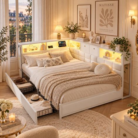 Lit double 140 x 200 cm – Lit adulte - Éclairage LED – ports USB –  2 tiroirs - Sommier à lattes - Espace de rangement sous le lit - Lin beige (1/5)