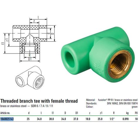 Raccordo a T con attacco filettato F 25mm per 1/2" Aquatherm 1060025143