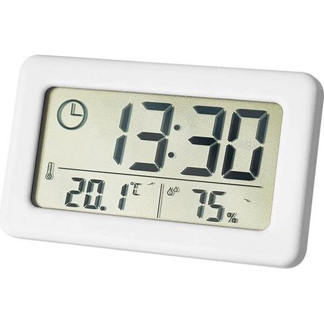 Thermomètre et hygromètre électroniques, petite horloge avec affichage de la température et de l'humidité (°C/℉), format 12/24 heures, alimenté par piles, blanc. (1/4)