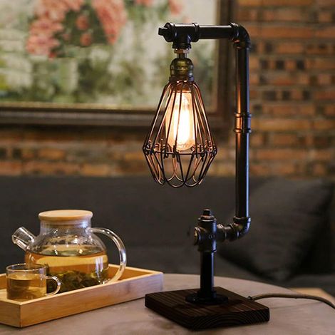 Holz Schreibtischlampen Vintage Metall Tischlampe Retro Industrial Nachtlicht für Schlafzimmer Wohnzimmer Home Art Display Cafe Studio Antique Décor E27 inkl Schalter ohne Leuchtmittel