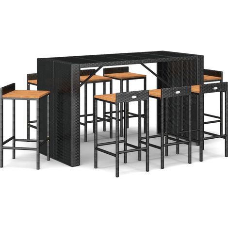 Ensemble de bar jardin 9 pcs noir poly rotin-bois massif acacia (1/5)