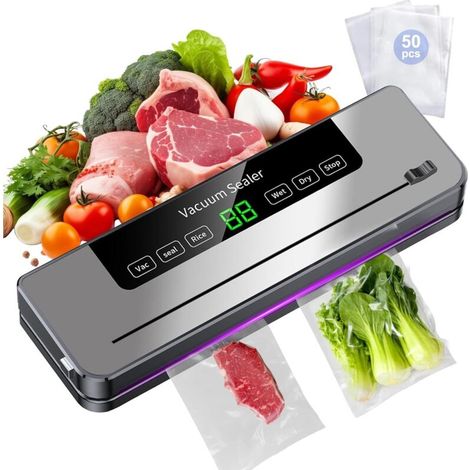 Food Vacuum Sealer, with 50 Vacuum Bags, 5 in 1 Multifunctional Vacuum Sealing Device, with Wet and Dry Mode for Storing Fruits, Vegetables, Bread, Meat, etc. (1/5)