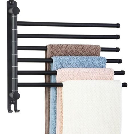 Porte Serviette Salle de Bain avec 6 Barres 180°Rotatives en Acier Inoxydable SUS304 Porte Serviette Murale Sèche-Serviettes pour Cuisine Lavabo-Noir (1/4)