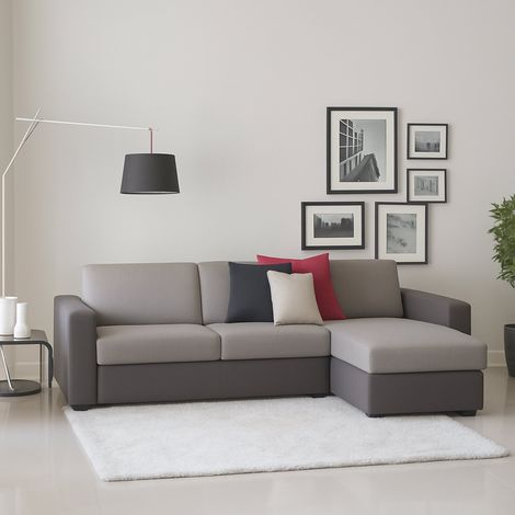 Talamo Italia Sofá fijo Debora, Sofá de esquina, 100% Made in Italy, Sofá Sala de estar, con contenedor reversible Peninsula, en tela acolchada, con reposabrazos delgados, Cm 260x95h90, Gris Bicolor, (1/5)