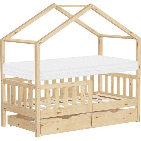 ML-Design Kinderbett Hausbett 70x140 cm Natur mit Matratze, Holzbett mit 2 Schubladen, Rausfallschutz und Lattenrost, Spielbett aus Kiefernholz, Montessori Bettgestell für Kinder, Bodenbett Bettenhaus