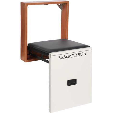 Tabouret mural, design gain de place, construction robuste, Blanc et Bois (1/2)