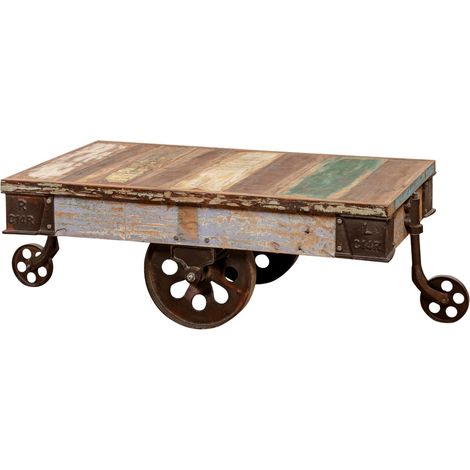 Tavolino laterale in legno in stile vintage con ruote