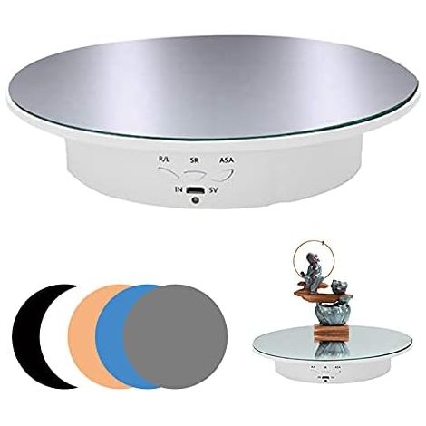 Supporto motorizzato per giradischi elettrico (90-180-360°), portata 8 kg, diametro 20 cm, con 5 pannelli posteriori in PVC. (1/5)