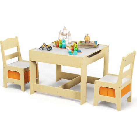 Ensemble table et 2 chaises enfant finition bois naturel avec plateau réversible, tiroirs et tableau pour chambre et salle de jeux (1/5)