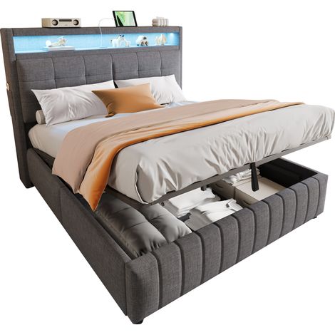 Letto imbottito 160x200 cm grigio con LED, USB e contenitore idraulico - CHICFURN (1/5)