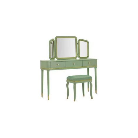 Coiffeuse Camille vert sauge avec miroir et tabouret (1/5)