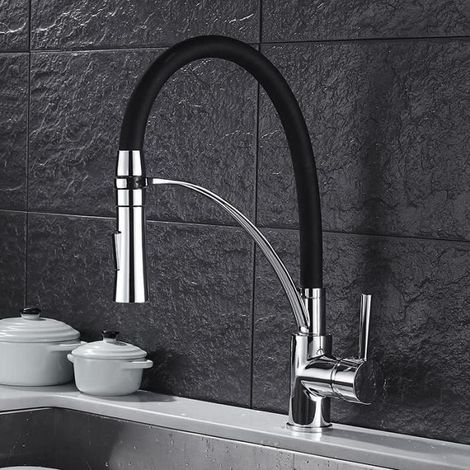 Robinet Cuisine mitigeur avec douchette Extractible en Silicone Noir Rabattable 360° Mitigeur pour Evier Chromé à Bras Rotat (1/4)