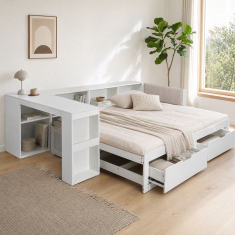 Cama individual extensible 90x200 cm con escritorio y 2 cajones, convertible en cama doble, de madera, blanco mate (1/5)