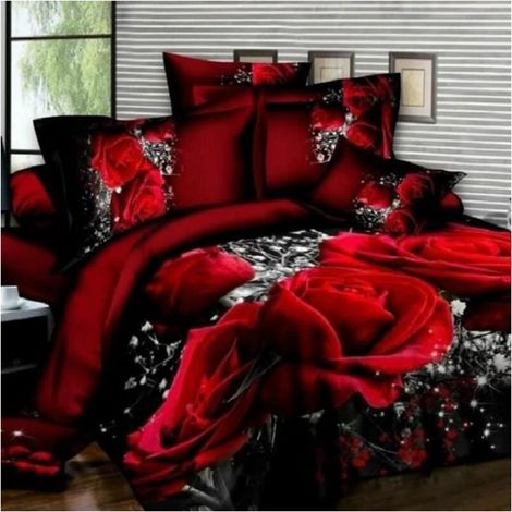Parure de couette 100% Polyester Rose rouge - Dimensions 220x240 cm + 2 taies d'oreiller 48x74 cm, ensemble de linge de lit pour chambre à coucher (1/4)