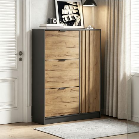 Scarpiera con 3 Ribalte e 1 Anta, Ripiani Estraibili, per Ingresso, MDF, Naturale, 100 × 30 × 130 cm (1/5)