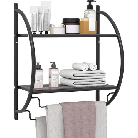 Porte-Serviettes Murale avec 2 Tablettes & 2 Barres, Etagère Mural Cuisine en Métal Chromé INOX, 26 x 45 x 55 cm, Noir (1/5)