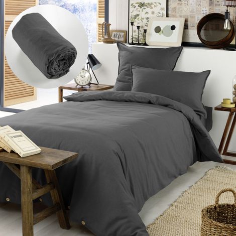 Pack Housse de couette chaude en flanelle 140 x 200 cm + drap housse 90x190 Candice Anthracite (1/4)
