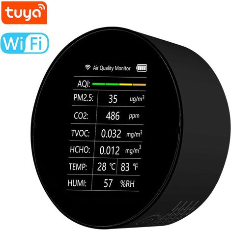 1 détecteur de qualité de l'air, mesure CO2, PM2,5, TVOC, HCHO, température, humidité, IQA, version WiFi, noir (1/5)