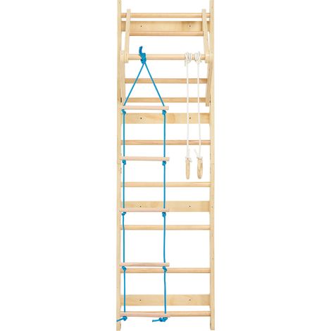 Mophorn Escalera sueca de gimnasio con barras de madera maciza, 8 niveles, equipo de escalada para interiores con capacidad de 100 kg, montaje en pared, incluye barra de dominadas y anillas (1/5)