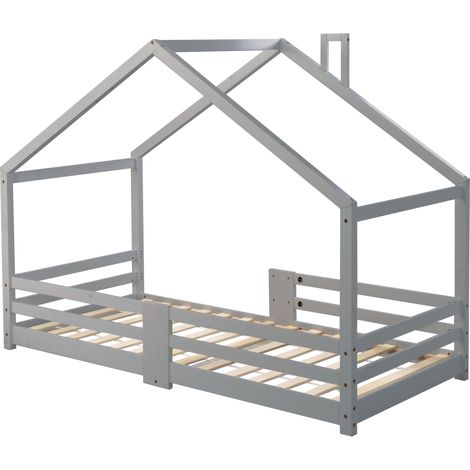 Hausbett für Kinder grau aus Kiefernholz 90 x 200 cm mit Kamin (1/5)