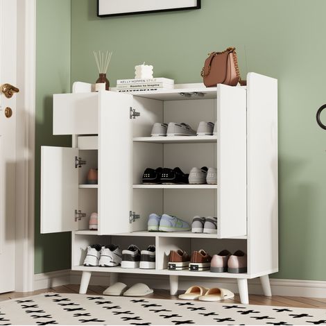 Zapatero aparador 90x35x99 cm blanco en tablero de partículas con estantes ajustables y patas de madera maciza (1/5)