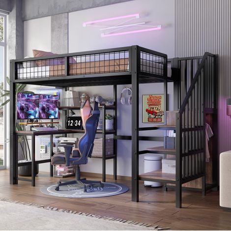 Hochbett Metall und MDF Schwarz/Braun 90x200 cm mit Schreibtisch, Regalen und Kleiderschrank (1/5)