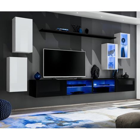 Ensemble Meuble TV Design "Switch XXV" 280cm Blanc & Noir (1/4)