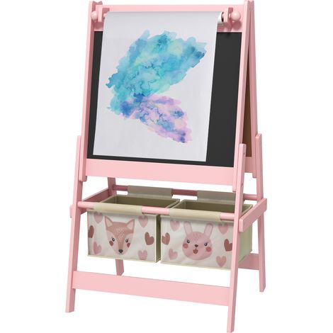 Tableau chevalet enfant ardoise double face craie rouleau papier 2 paniers 54 x 46,5 x 93 cm rose