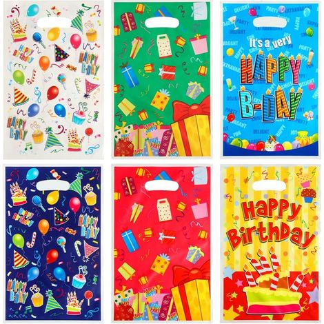 60 Pieces Children's Birthday Party Bags, Birthday Gift Bags with Handles for Kids, Candy Pouches, Plastic Bags, 6 Styles (1/5)