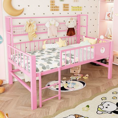 Lit enfant 90x200 cm, Lit Mezzanine bas métallique avec étagères, pour chambre fille ou ado, Lit Coffre 1 Place – cadre rose – gain de place (1/5)