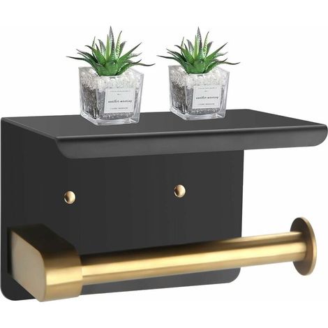 Porte Papier Toilette avec Etagère,Support Papier Toilette Mural (Perforé/Non perforé) Porte Rouleau Papier Toilette,Derouleur Papier Toilette WC Inoxydable pour Salle de Bain et Cuisines(Or Noir) (1/5)