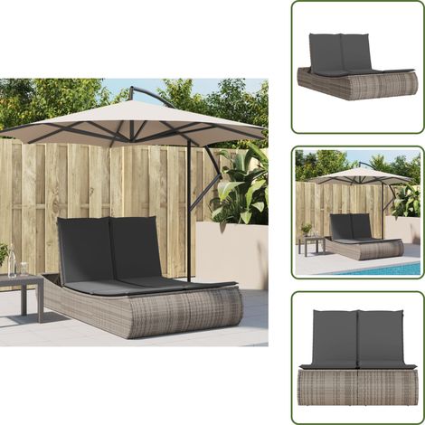 The Living Store Doppel-Sonnenliege mit Kissen Grau Poly Rattan - Doppelsonneliege - Gartenliege - Liege - Outdoor Liege - Relaxliege