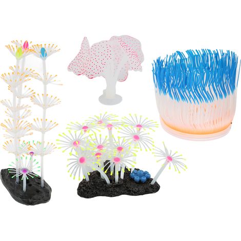 4 piezas de accesorios para acuario, planta de coral de silicona, efecto de brillo LED, decoración para pecera. (1/5)